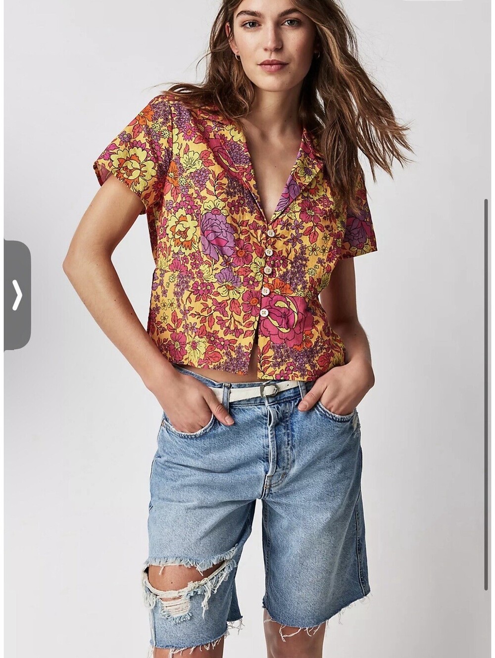 Free People Shrunken Vacation Shirt Floral Small S Top Cotton Cropped Button